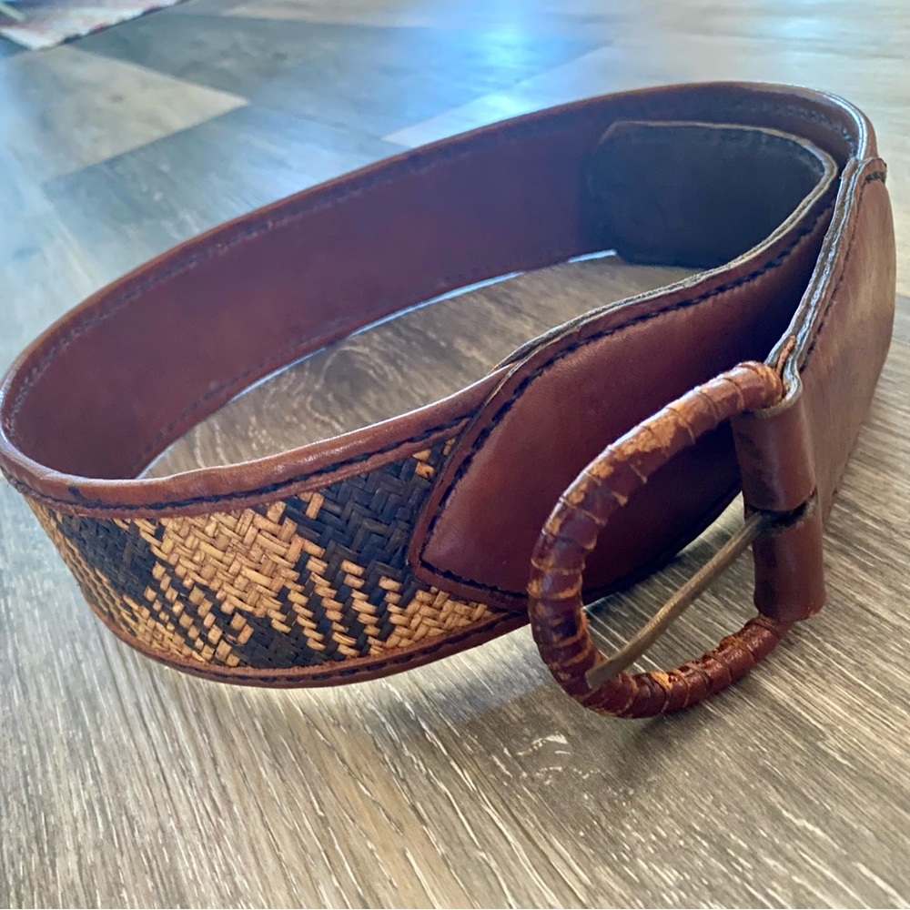 Vintage Bali Hand Made Leather with Woven Straw Wide Belt